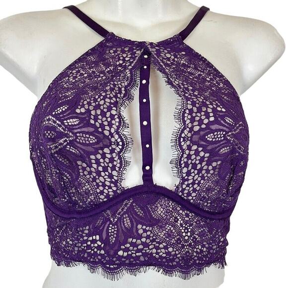 Victorias Secret Very Sexy Unlined Plunge Purple Whimsigoth Lace Wired Bra 32C - Picture 1 of 16